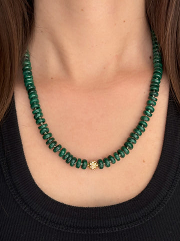 Malachite and 14k Gold and Diamond Beaded Necklace