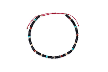 Large Black Onyx, Red Agate, Mother of Pearl, Turquoise, 14k Gold and Diamond Beaded Necklace
