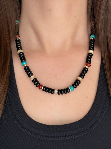 Large Black Onyx, Red Agate, Mother of Pearl, Turquoise, 14k Gold and Diamond Beaded Necklace