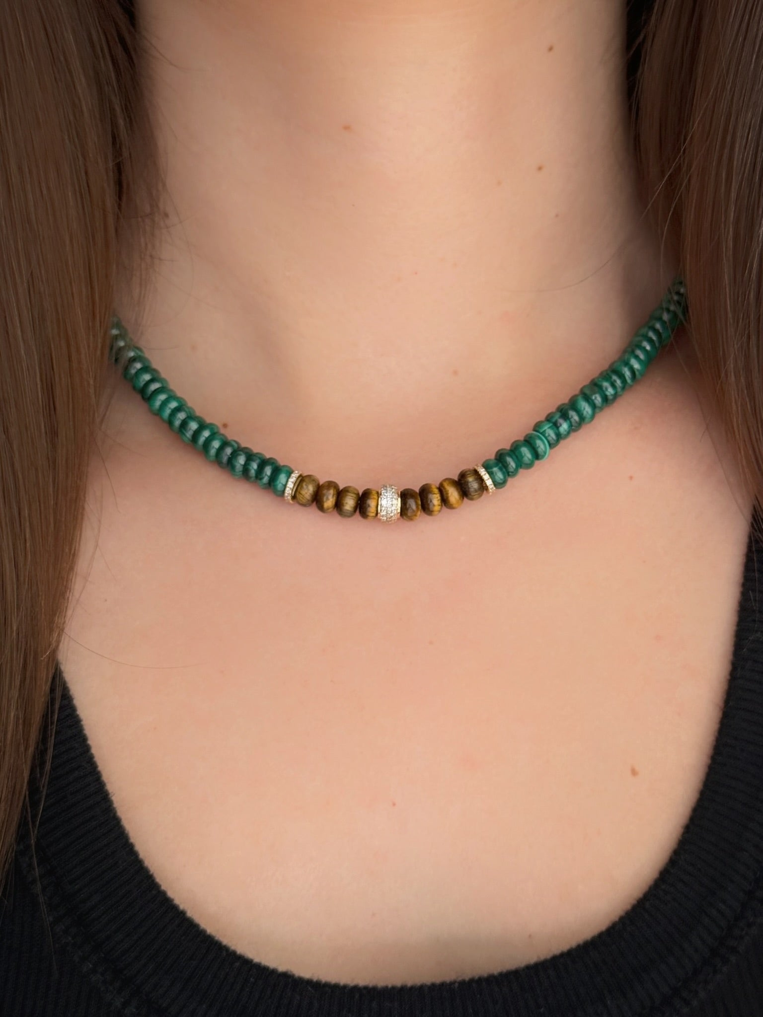 Small Malachite, Tiger's Eye, 14k Gold and Diamond Wide and Heishi Beaded Necklace
