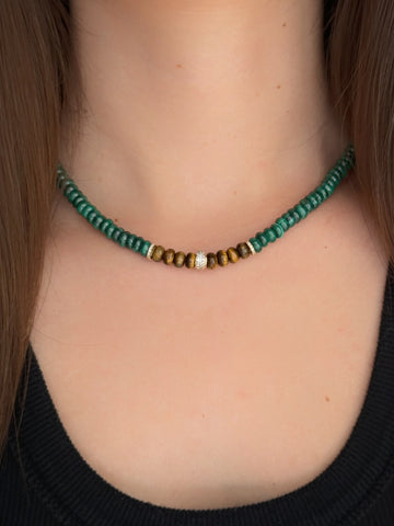Small Malachite, Tiger's Eye, 14k Gold and Diamond Wide and Heishi Beaded Necklace
