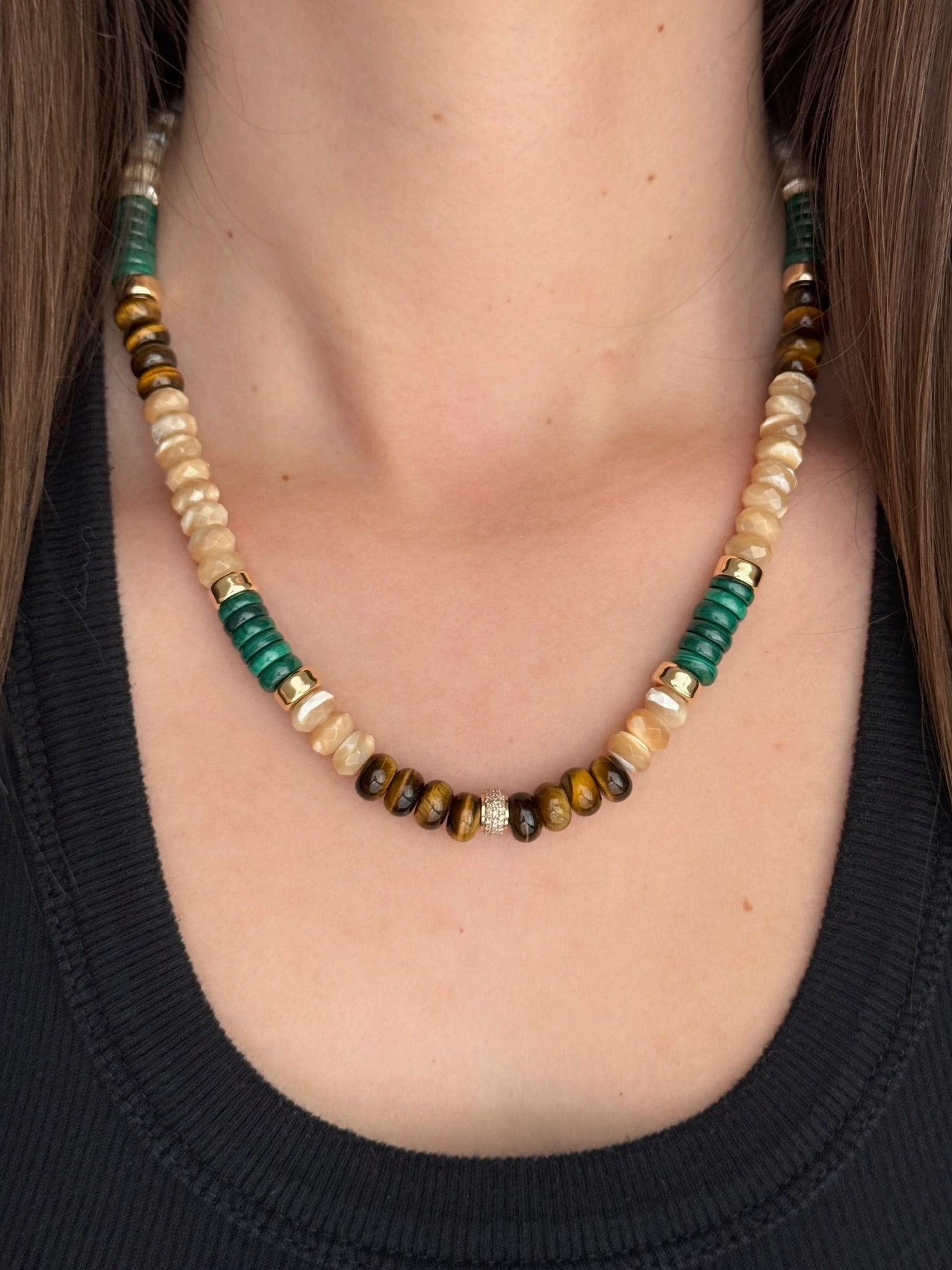 Large Mother of Pearl, Malachite, Tiger's Eye, 14k Gold and Diamond Beaded Necklace