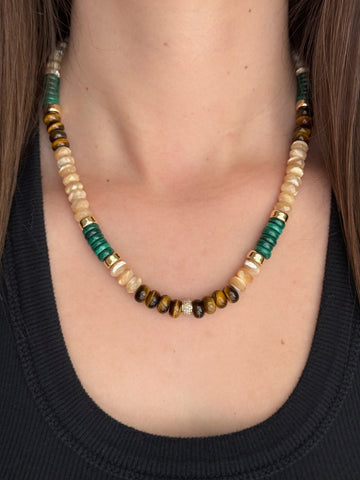Large Mother of Pearl, Malachite, Tiger's Eye, 14k Gold and Diamond Beaded Necklace