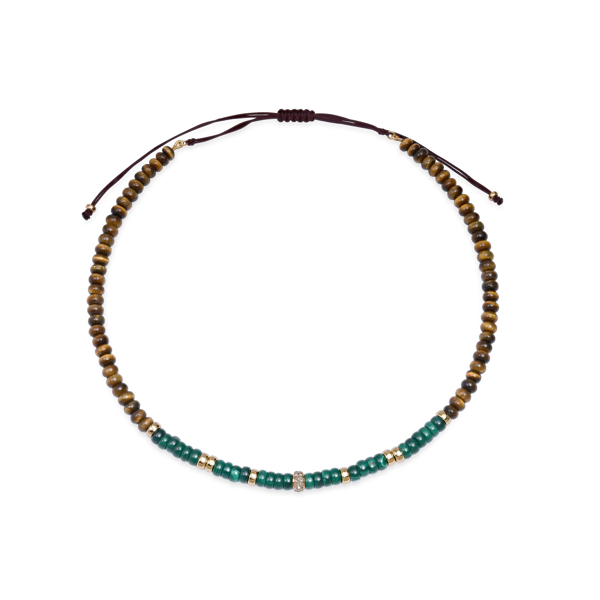 Tiger's Eye, Malachite, 14k Gold and Diamond Beaded Necklace