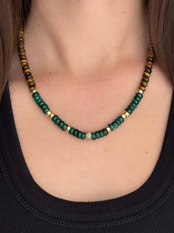 Tiger's Eye, Malachite, 14k Gold and Diamond Beaded Necklace