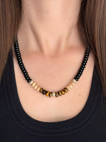 Large Black Onyx, Mother of Pearl, Tiger's Eye, 14k Gold and Diamond Beaded Necklace