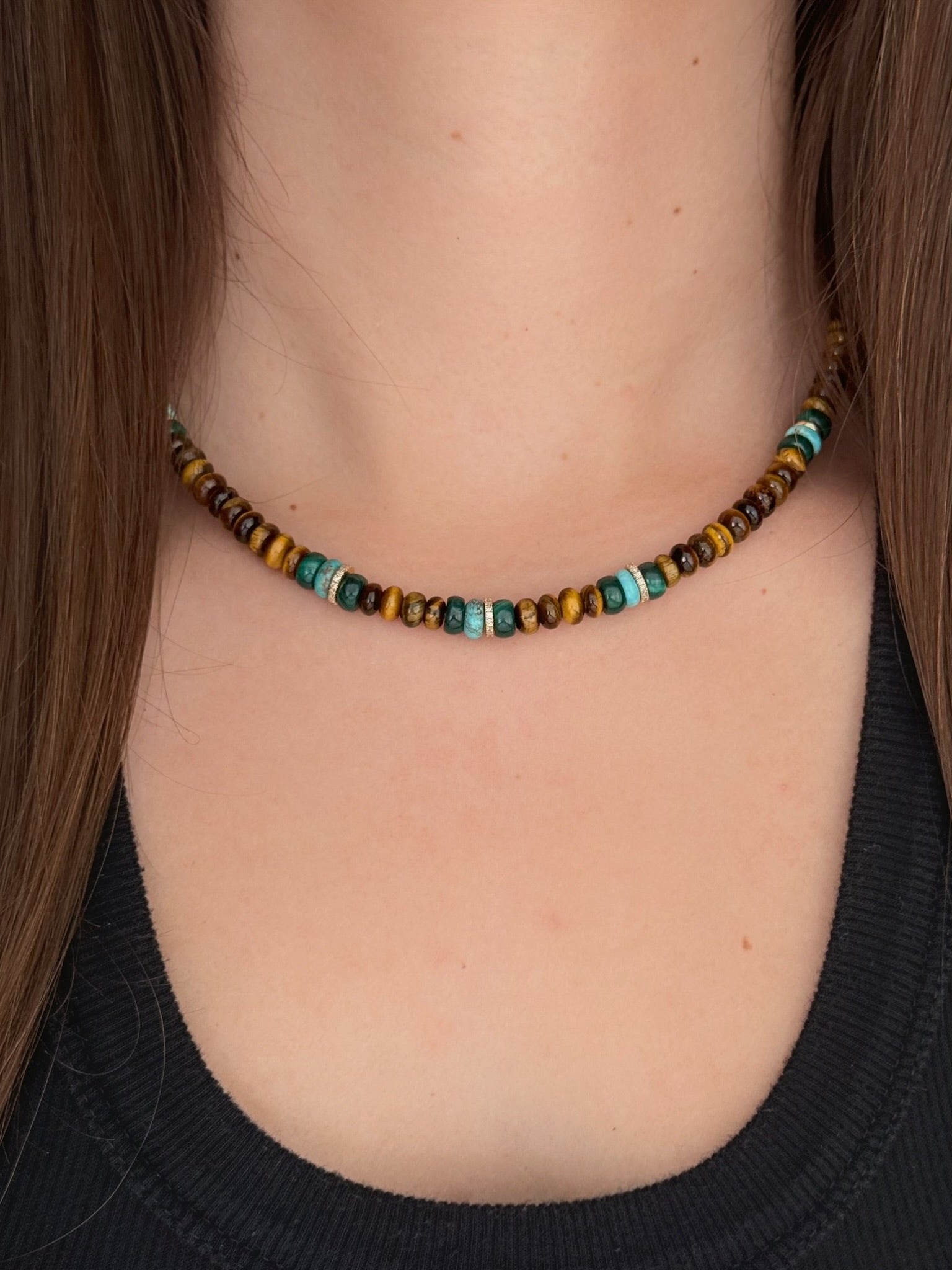 Tiger's Eye, Malachite, Turquoise, 14k Gold and Diamond Beaded Necklace