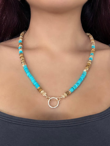 Picture Jasper, Turquoise, Mother of Pearl14k Gold with Charm Ring Holder Beaded Necklace