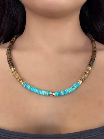 Tiger's Eye, Turquoise, Picture Jasper, and !4k Gold Beaded Necklace