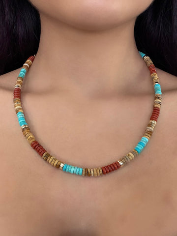 Picture Jasper, Rainbow Jasper, Turquoise, and 14k Gold Beaded Necklace