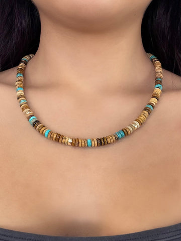 Picture Jasper, Tiger's Eye, Turquoise and 14k Gold Beaded Necklace