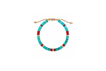 Turquoise, Red Jade, and 14K Gold Beaded Anklet