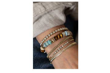 Mother of Pearl, Larimar, Tiger's Eye, 14k Gold Beaded Bracelet