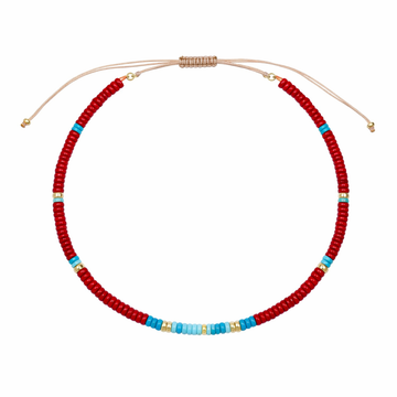 Red Jade, Turquoise, 14k Gold and Diamond Beaded Necklace