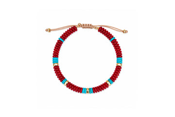 Turquoise, Red Jade, and 14K Gold Beaded Anklet