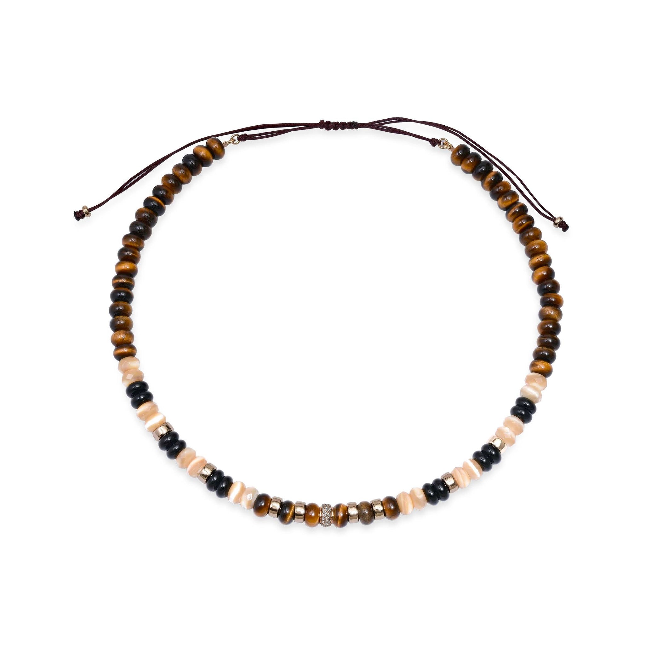Tiger's Eye,  Mother of Pearl, Black Onyx, 14k Gold and Diamond Beaded Necklace