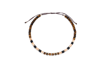 Tiger's Eye,  Mother of Pearl, Black Onyx, 14k Gold and Diamond Beaded Necklace